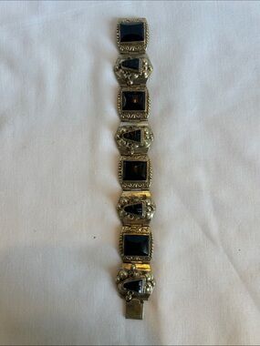 MCM Taxco Mexico Sterling Silver 925 Carved Black Onyx Aztec Mask Bracelet 63.5g